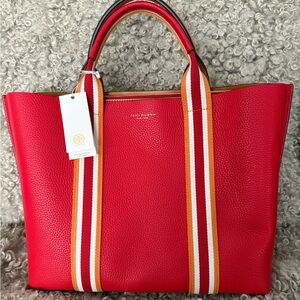 Tory Burch Perry multi-stripe Triple-Compartment Tote - Brilliant Red - NWT